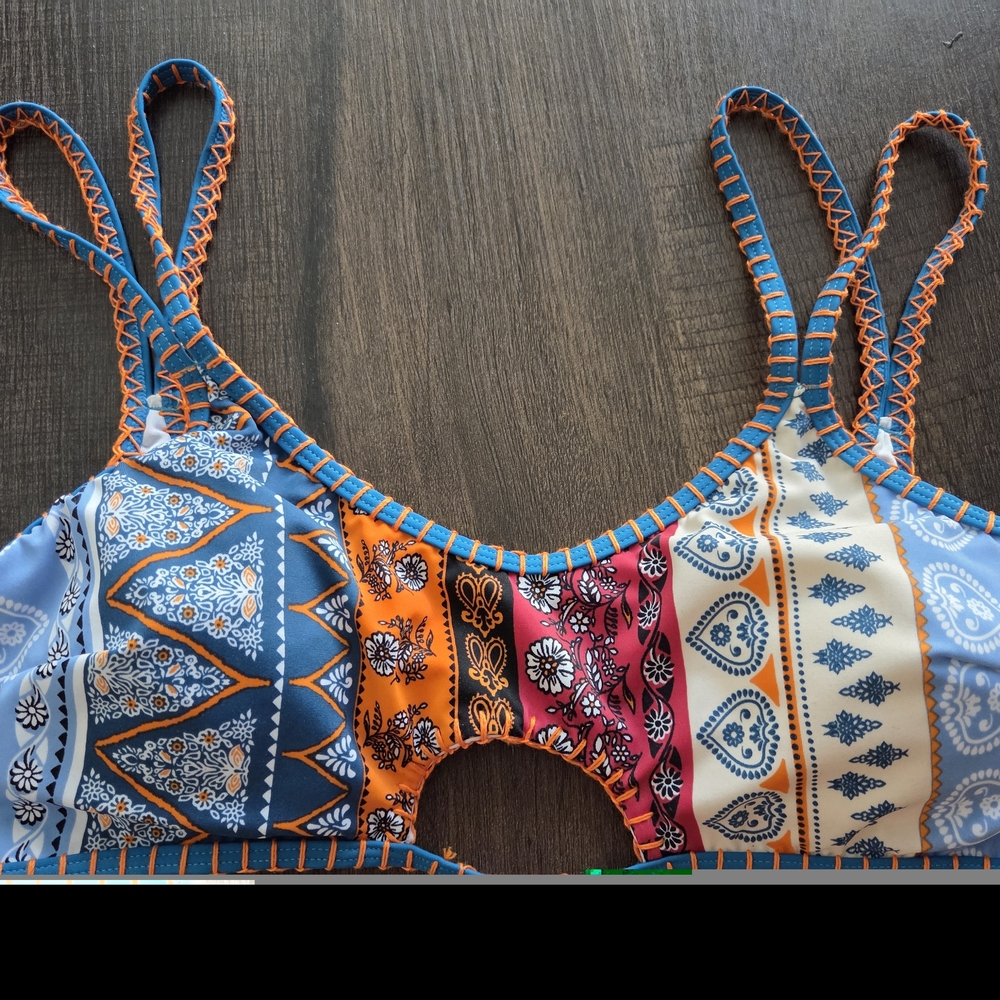 Cupshe Colorblock Bikini Top & Bottom with Blue and Orange Trim - Picture 2 of 6